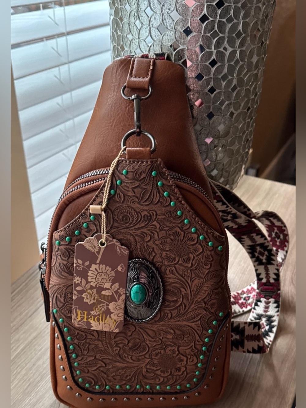 Sam & Hadley Brown Tooled Leather Crossbody Sling Bag with Turquoise Accents - Picture 9 of 12